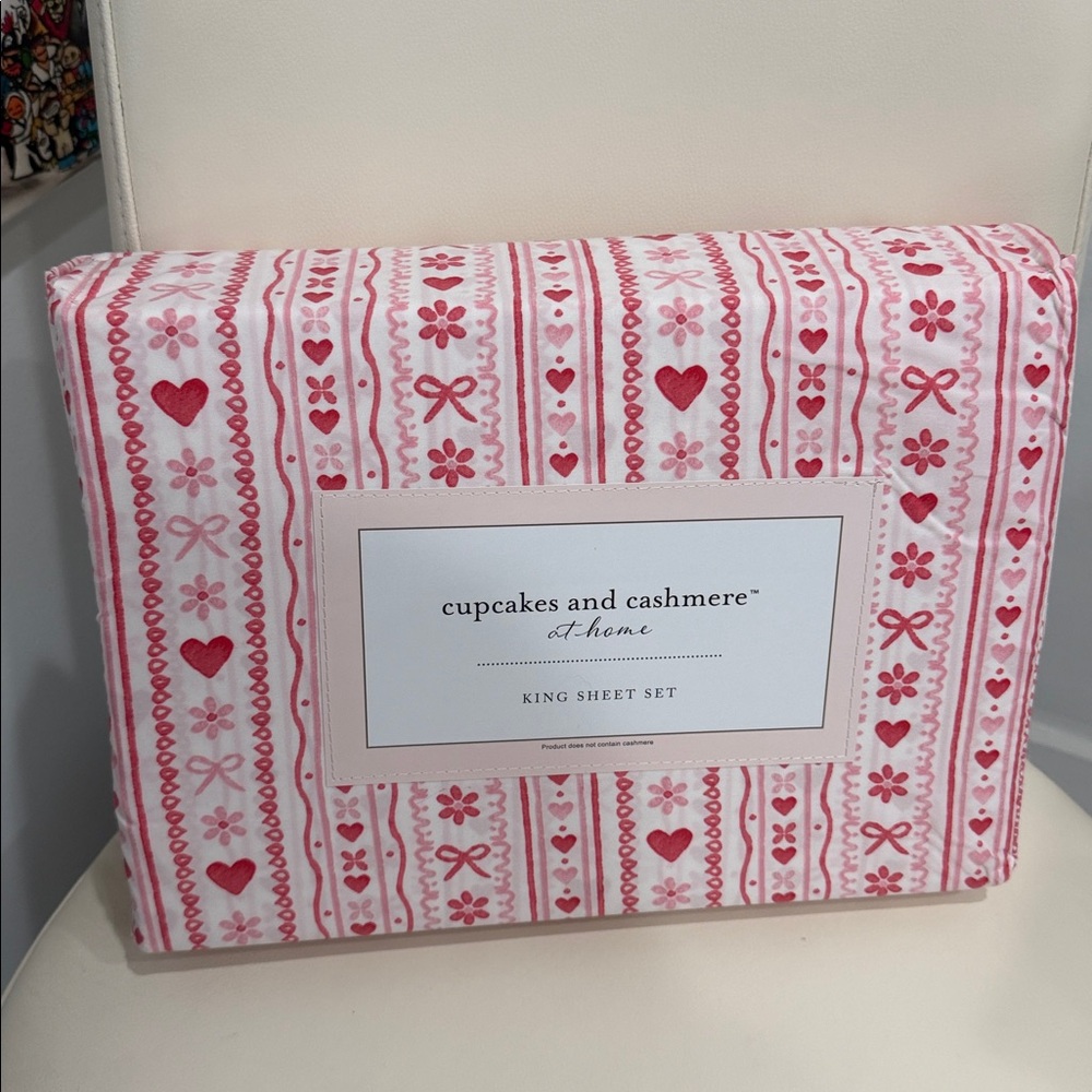 Cupcakes & Cashmere King Sheet Set Valentine Pink Bows Hearts Coquette NWT